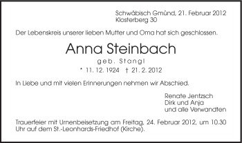 Traueranzeige von Anna Steinbach von Gmünder Tagespost