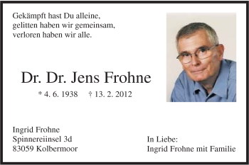 Traueranzeige von Jens Dr. Dr. Frohne von Gmünder Tagespost