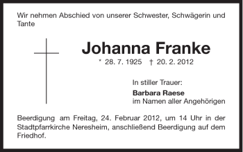 Traueranzeige von Johanna Franke von Schwäbische Post