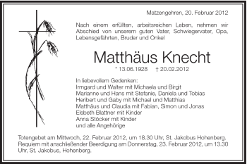 Traueranzeige von Matthäus Knecht von Schwäbische Post