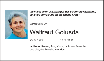Traueranzeige von Waltrauf Golusda von Gmünder Tagespost