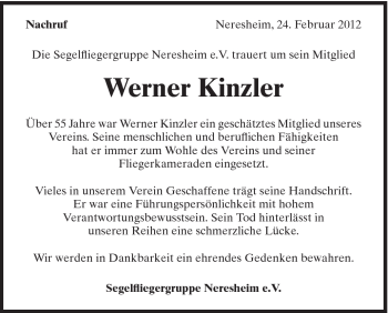 Traueranzeige von Werner Kinzler von Schwäbische Post