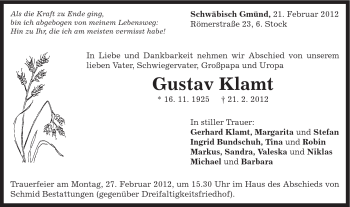 Traueranzeige von Gustav Klamt von Gmünder Tagespost
