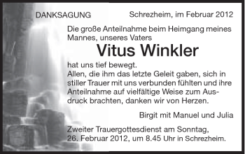 Traueranzeige von Vitus Winkler von Schwäbische Post