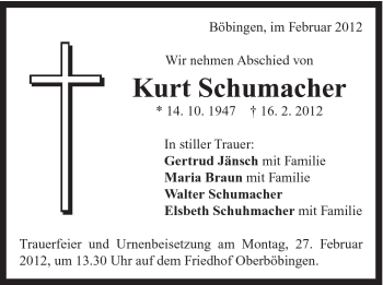 Traueranzeige von Kurt Schumacher von Gmünder Tagespost