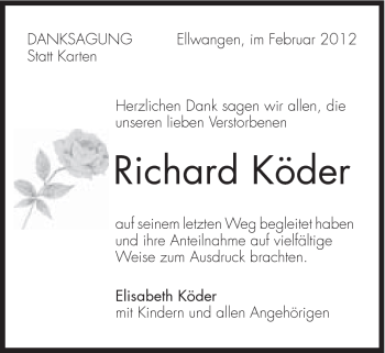 Traueranzeige von Richard Köder von Schwäbische Post