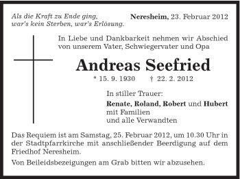 Traueranzeige von Andreas Seefried von Schwäbische Post