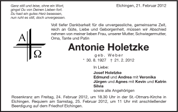 Traueranzeige von Antonie Holetzke von Schwäbische Post