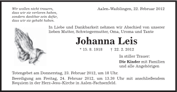 Traueranzeige von Johanna Leis von Schwäbische Post