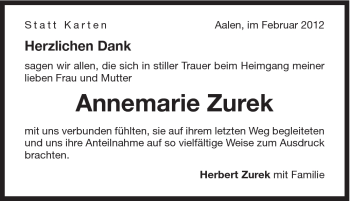 Traueranzeige von Annemarie Zurek von Schwäbische Post