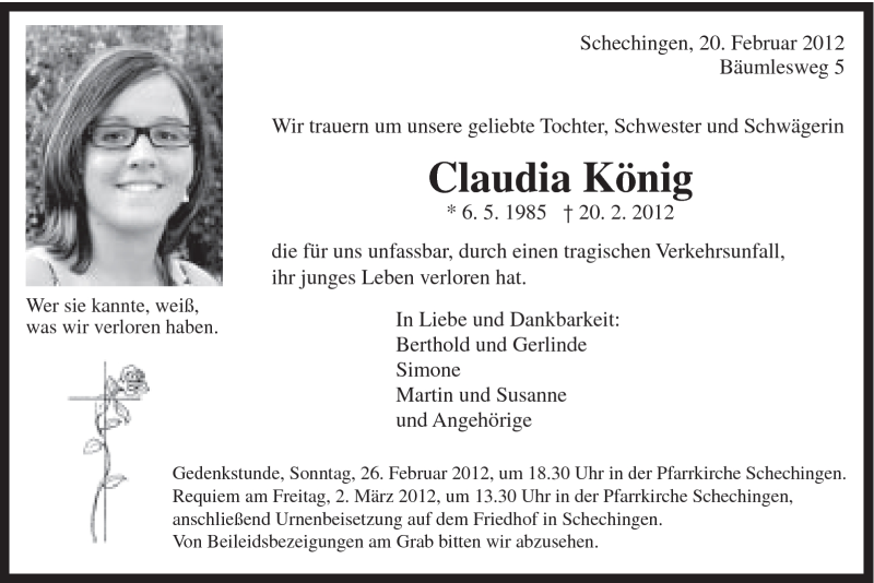  Traueranzeige für Claudia König vom 24.02.2012 aus Gmünder Tagespost