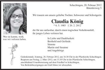 Traueranzeige von Claudia König von Gmünder Tagespost