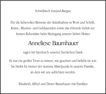 Traueranzeige von Anneliese Baumhauer von Gmünder Tagespost