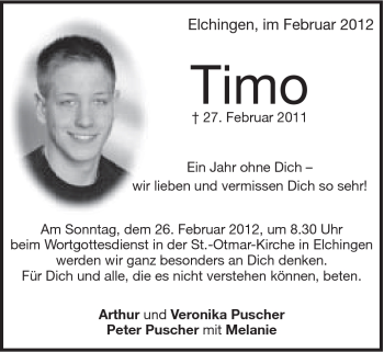 Traueranzeige von Timo Puscher von Schwäbische Post