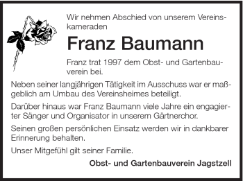 Traueranzeige von Franz Baumann von Schwäbische Post