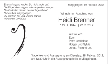 Traueranzeige von Heidi Brenner von Gmünder Tagespost