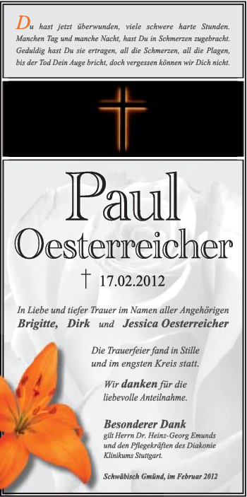 Traueranzeige von Paul Oesterreicher von Gmünder Tagespost
