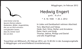 Traueranzeige von Hedwig Engert von Gmünder Tagespost