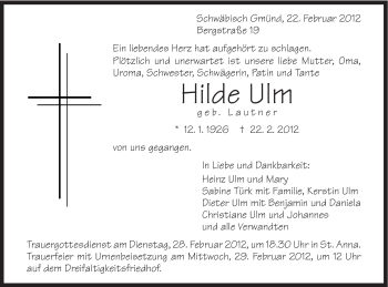 Traueranzeige von Hilde Ulm von Gmünder Tagespost