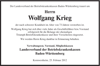 Traueranzeige von Wolfgang Krieg von Gmünder Tagespost
