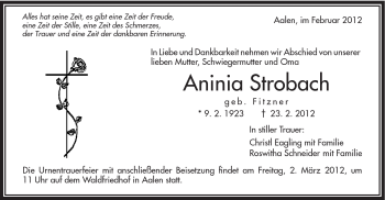 Traueranzeige von Aninina Strobach von Schwäbische Post