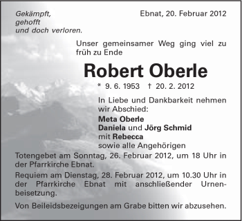 Traueranzeige von Robert Oberle von Schwäbische Post