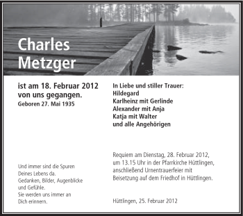 Traueranzeige von Charles Metzger von Schwäbische Post