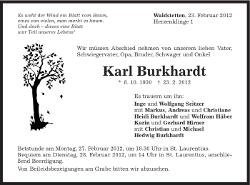 Traueranzeige von Karl Burkhardt von Gmünder Tagespost