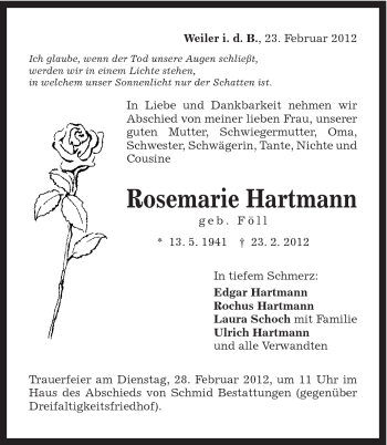 Traueranzeige von Rosemarie Hartmann von Gmünder Tagespost