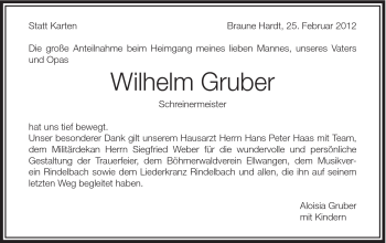 Traueranzeige von Wilhelm Gruber von Schwäbische Post