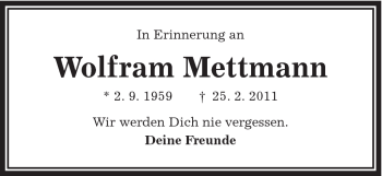 Traueranzeige von Wolfram Mettmann von Schwäbische Post