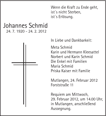 Traueranzeige von Johannes Schmid von Gmünder Tagespost