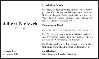 Traueranzeige von Albert Bielesch von Gmünder Tagespost