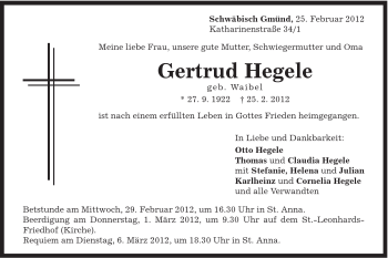 Traueranzeige von Gertrud Hegele von Gmünder Tagespost