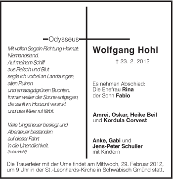 Traueranzeige von Wolfgang Hohl von Gmünder Tagespost