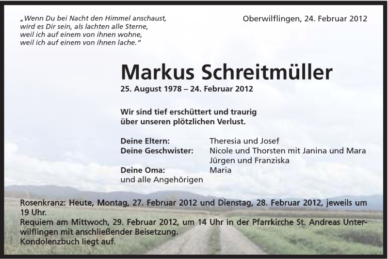  Traueranzeige für Markus Schreitmüller vom 27.02.2012 aus Schwäbische Post