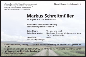 Traueranzeige von Markus Schreitmüller von Schwäbische Post