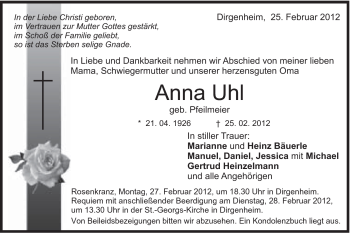 Traueranzeige von Anna Uhl von Schwäbische Post