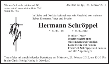 Traueranzeige von Hermann Schröppel von Schwäbische Post
