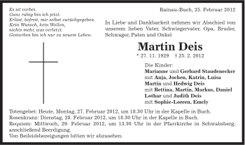 Traueranzeige von Martin Deis von Schwäbische Post