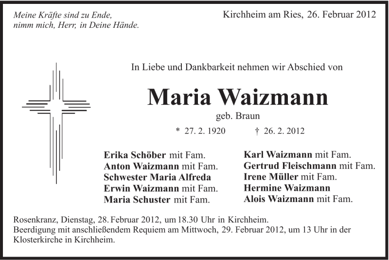  Traueranzeige für Maria Waizmann vom 27.02.2012 aus Schwäbische Post
