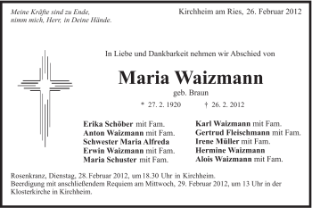 Traueranzeige von Maria Waizmann von Schwäbische Post