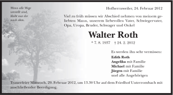 Traueranzeige von Walter Roth von Schwäbische Post