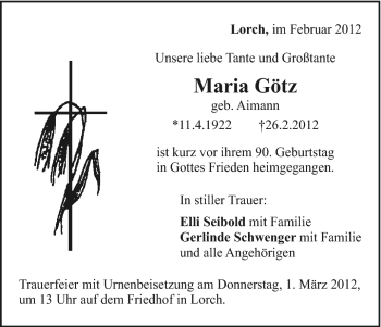 Traueranzeige von Maria Götz von Gmünder Tagespost