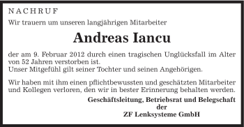 Traueranzeige von Andreas Iancu von Gmünder Tagespost