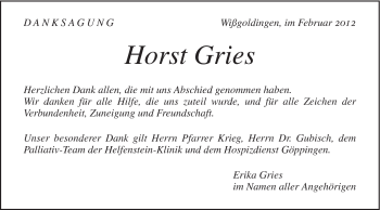 Traueranzeige von Horst Gries von Gmünder Tagespost