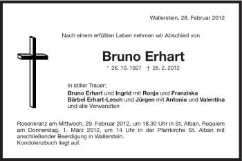 Traueranzeige von Bruno Erhart von Schwäbische Post