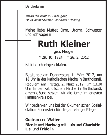 Traueranzeige von Ruth Kleiner von Gmünder Tagespost