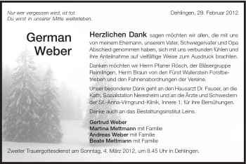 Traueranzeige von German Weber von Schwäbische Post