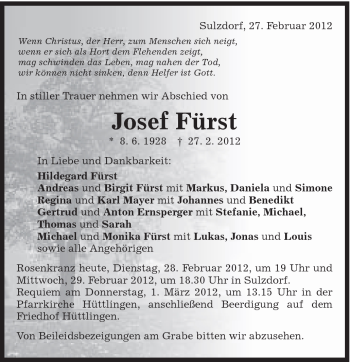 Traueranzeige von Josef Fürst von Schwäbische Post